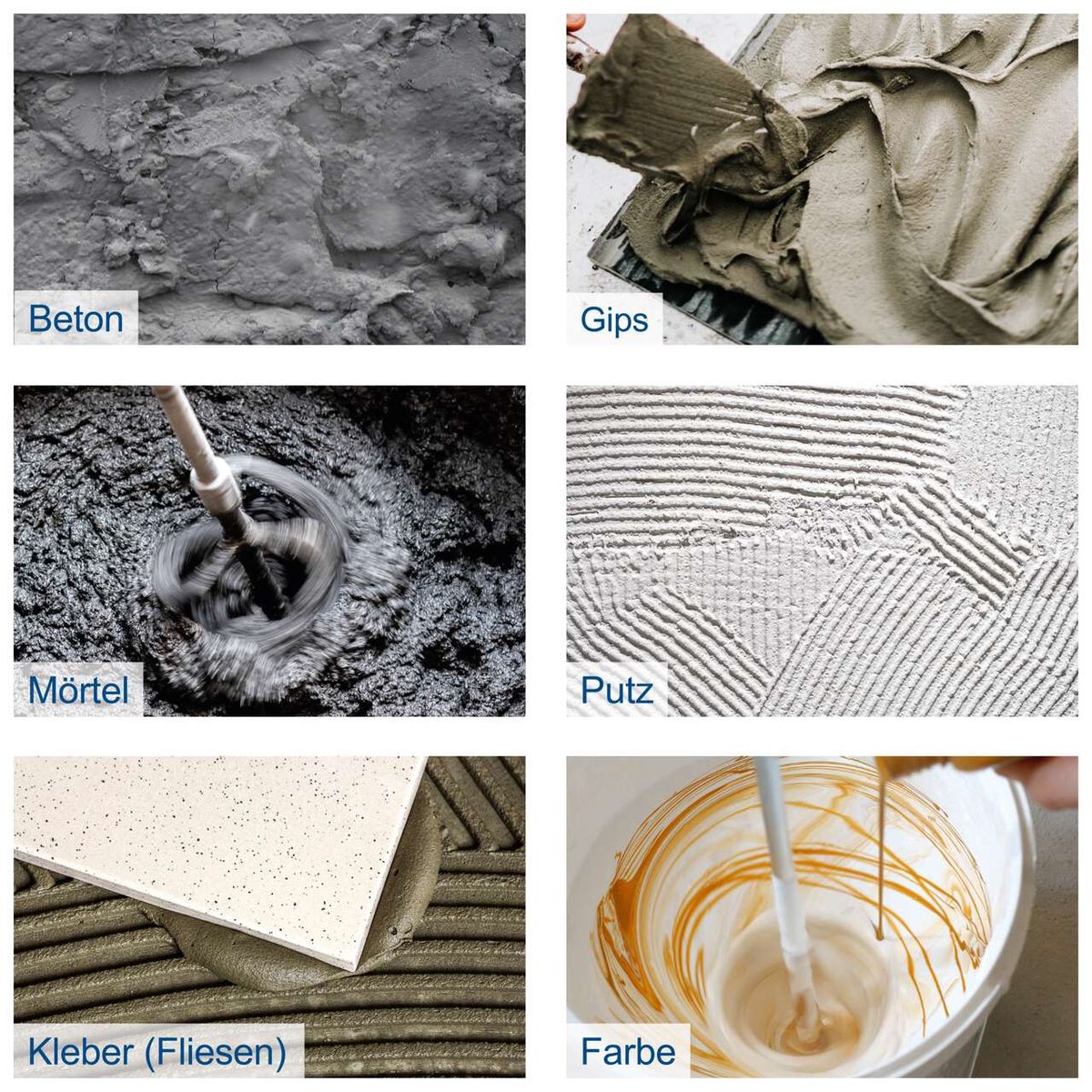 Das Bild zeigt verschiedene Materialien, die mit dem Handrührgerät PM1600 von Scheppach gemischt werden können: Beton, Gips, Mörtel, Putz, Fliesenkleber und Farbe. Das Gerät eignet sich für eine Vielzahl von Anwendungen im Heimwerkerbereich.