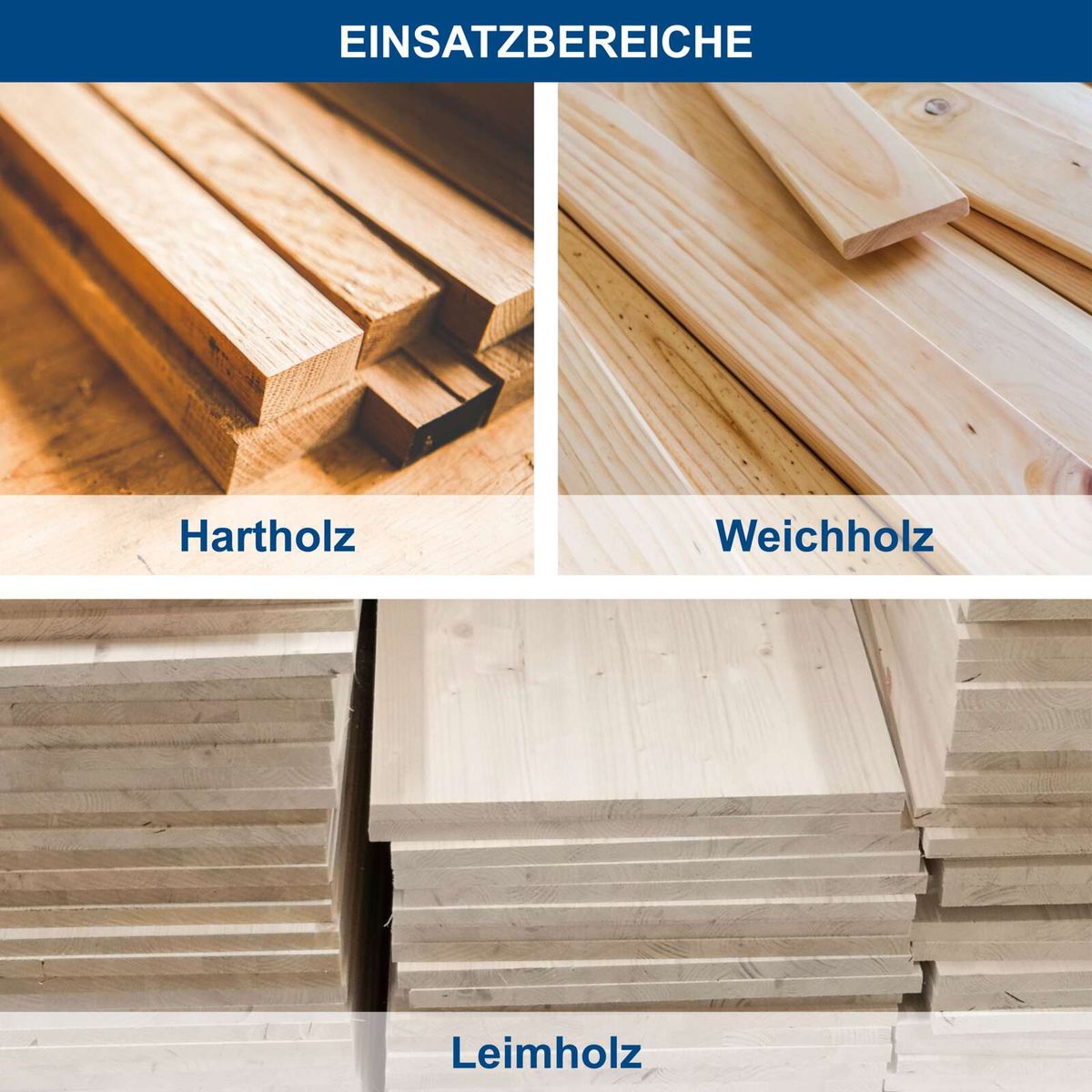 Holzarten für Holzverarbeitung: Hartholz, Weichholz und Leimholz mit unterschiedlichen Strukturen und Anordnungen von Holzplatten