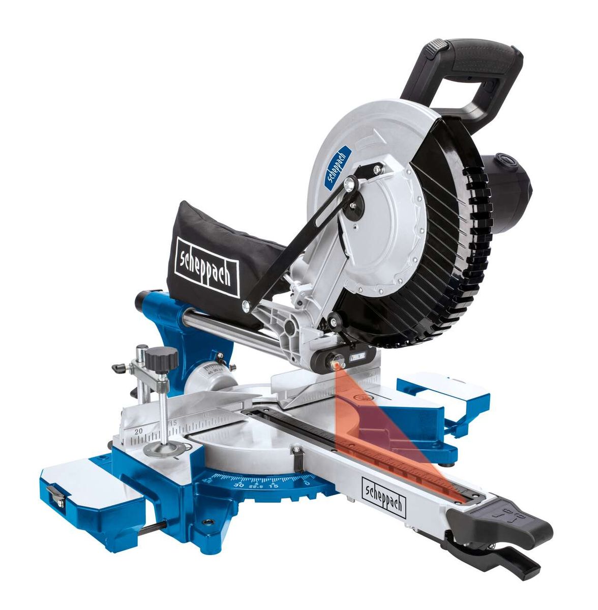 Kappzugsäge Kap254Pro Scheppach, seitliche Ansicht. Die Säge hat einen 340mm Schnittbreite und 90mm Schnitthöhe. Sie ist mit Laser- und LED-Licht ausgestattet.