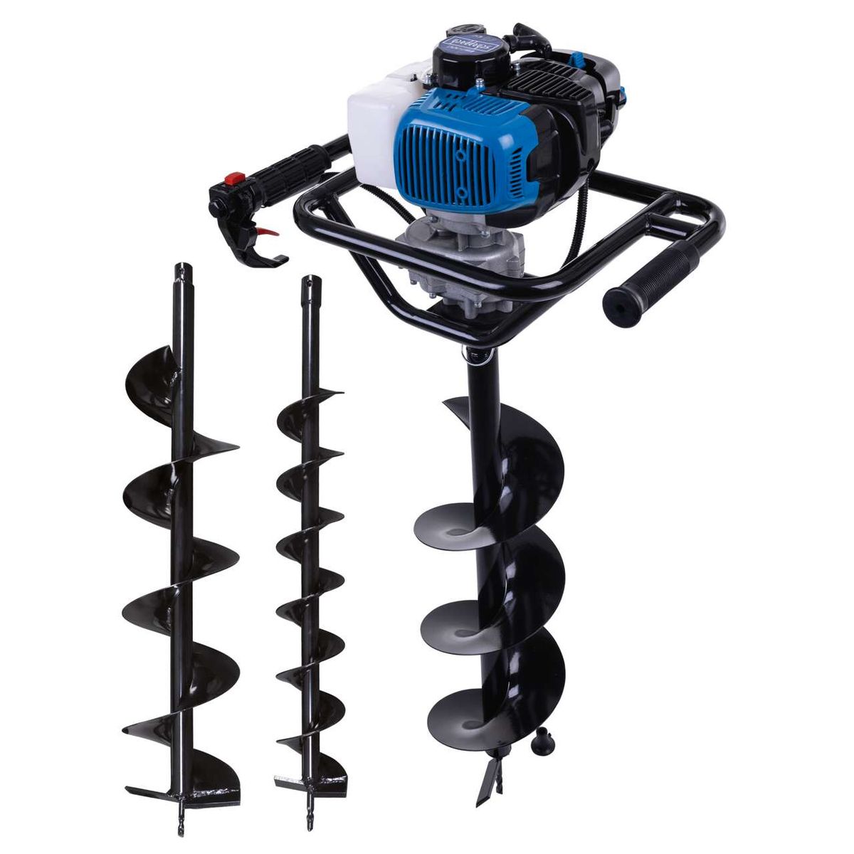 Erdbohrer EB2000 von Scheppach mit 1,97 PS, 800 mm Tiefe, 0 bis 370 min-1, inkl. 100 mm, 150 mm und 200 mm Bohrer. Der Erdbohrer wird von vorne gezeigt.