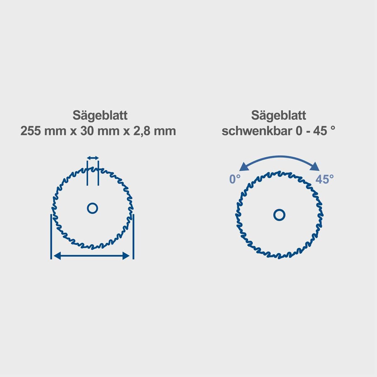 Das Sägeblatt hat die Maße 255 mm x 30 mm x 2,8 mm und ist schwenkbar von 0 bis 45 Grad.