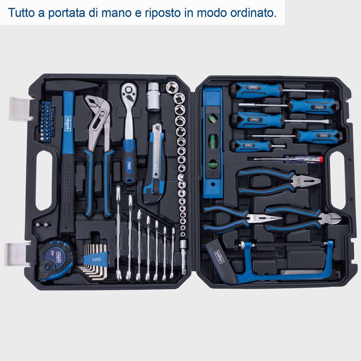 Der Werkzeugkoffer WZK120 von Scheppach enthält 96 Teile. Alles ist griffbereit und ordentlich verstaut.