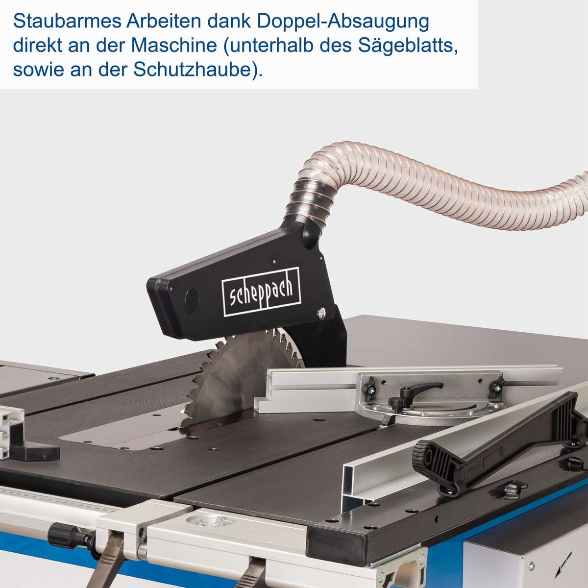 Staubarmes Arbeiten dank Doppel-Absaugung direkt an der Maschine (unterhalb des Sägeblatts und an der Schutzhaube).