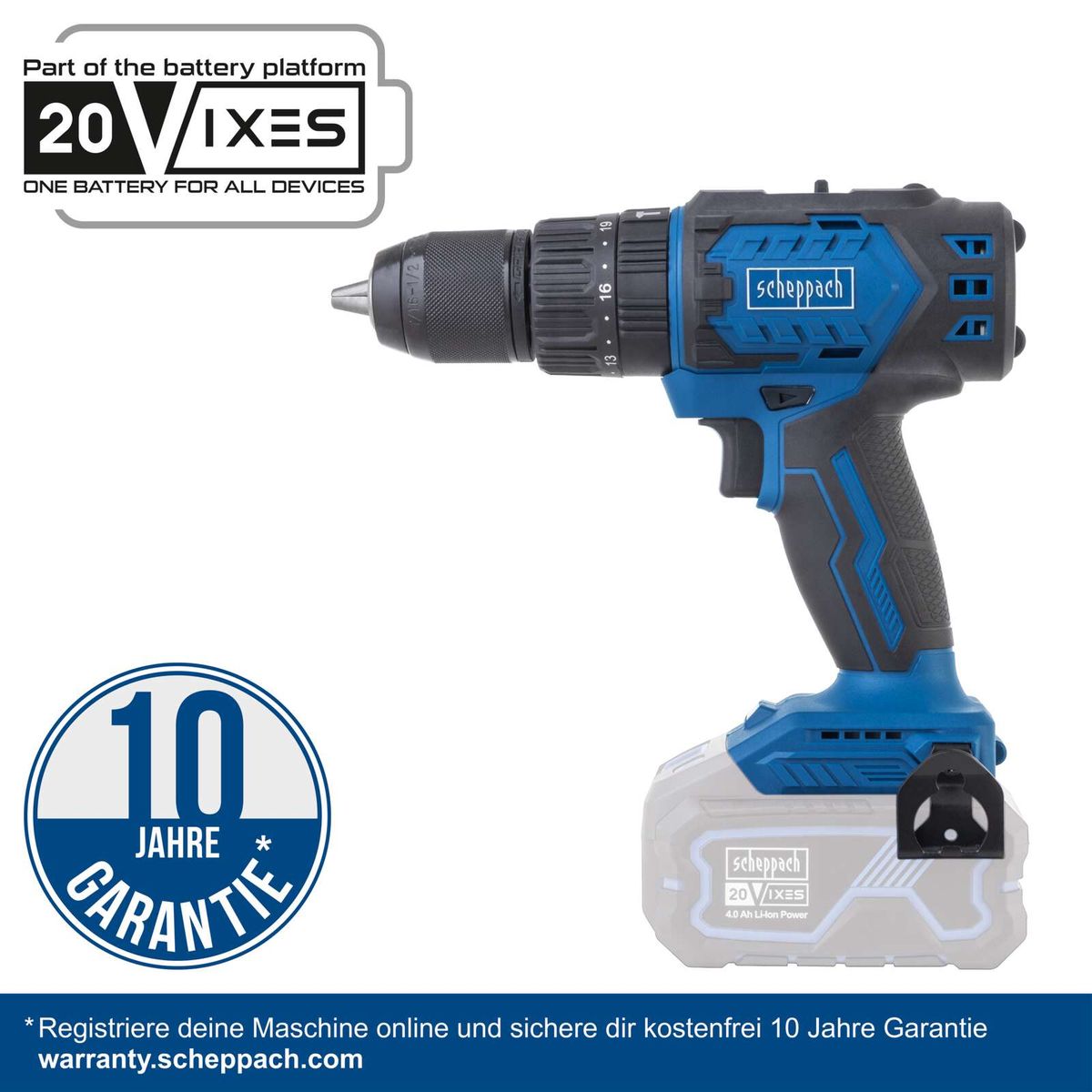 Scheppach Akku-Schlagbohrmaschine mit 20V-X-Batterie, 10 Jahre Garantie, 4,0 Ah Lithium-Ionen-Akku, 60 Nm Drehmoment mit Stufen