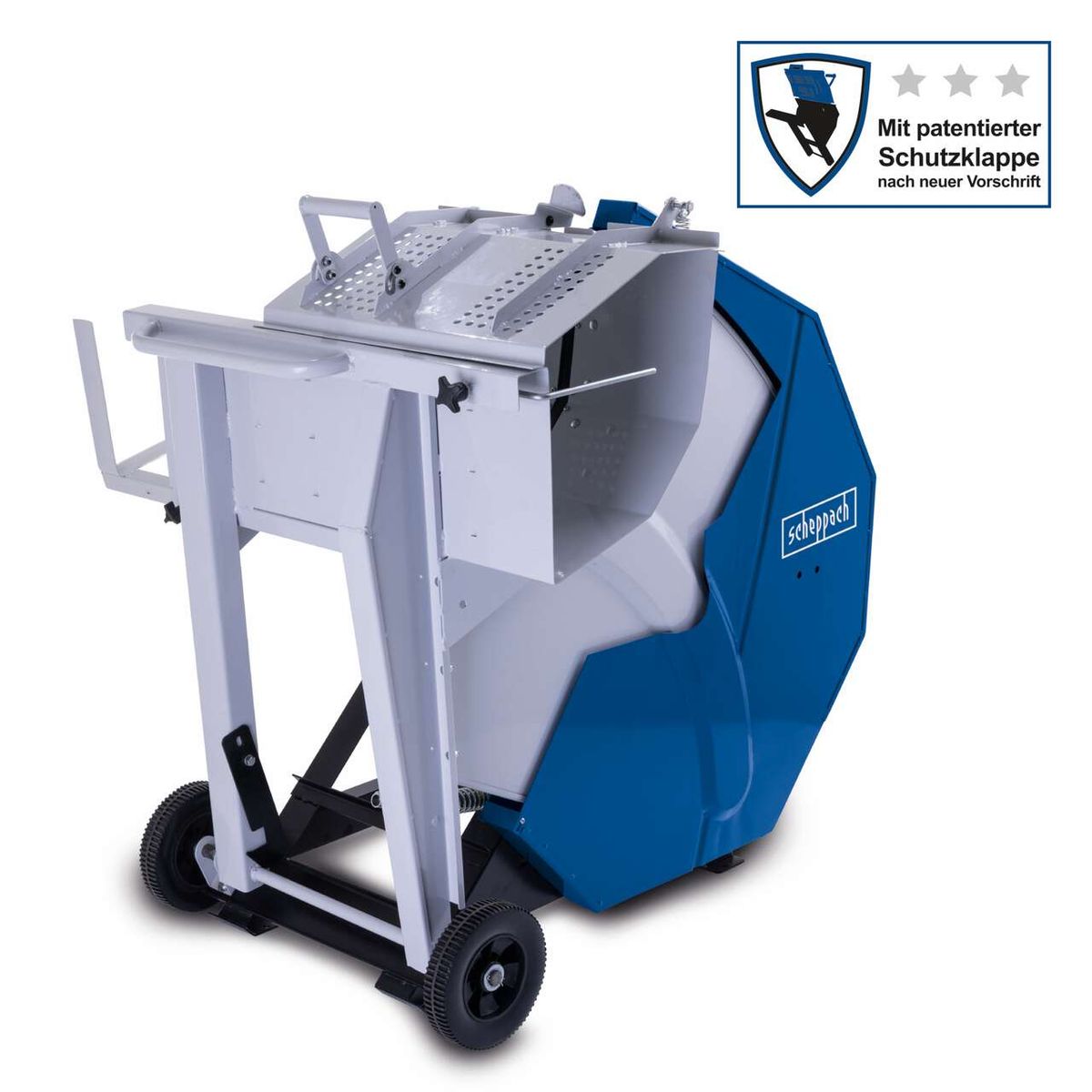 Wippsäge HS750 mit Schutzklappe nach neuer Vorschrift, mit Transportrollen und stabiler Basis