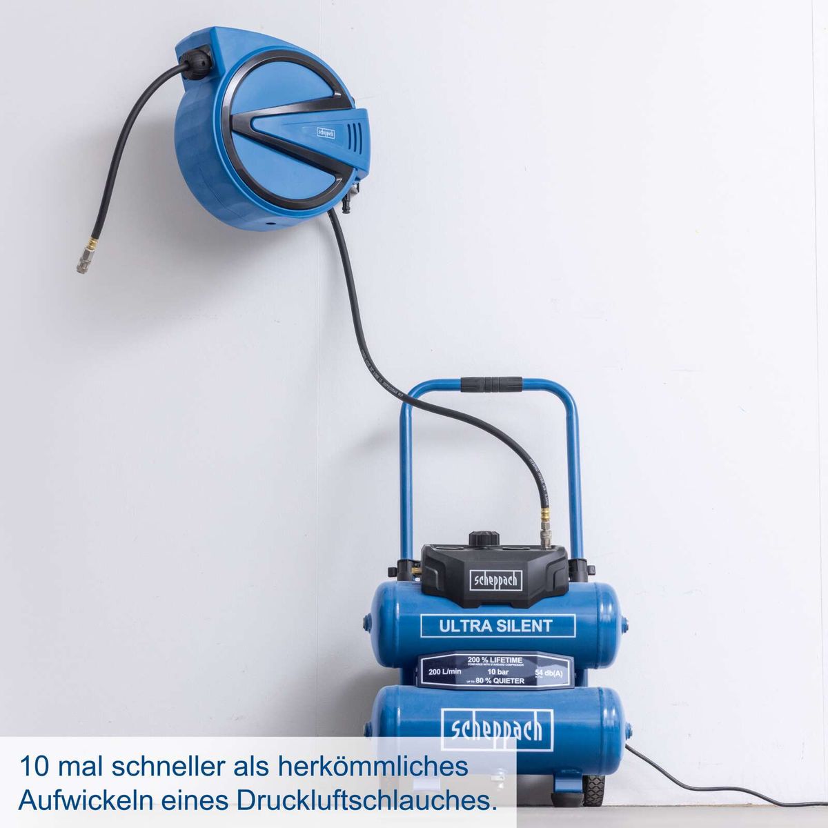 Automatische Druckluftschlauchtrommel mit schnellem Aufwickeln, 10-mal schneller als herkömmliche Systeme, ultra-silent Betrieb, 200 Liter/Minute, 10 bar Druck.