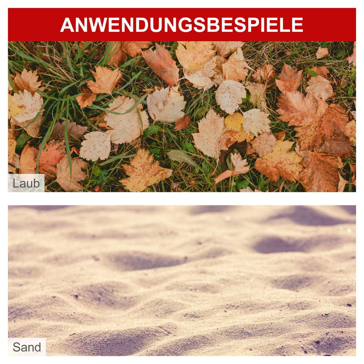 Natürliche Blätter und Sand als Beispiel für die Anwendung des Scheppach Laubbläsers zur Entsorgung von Laub und Erde.