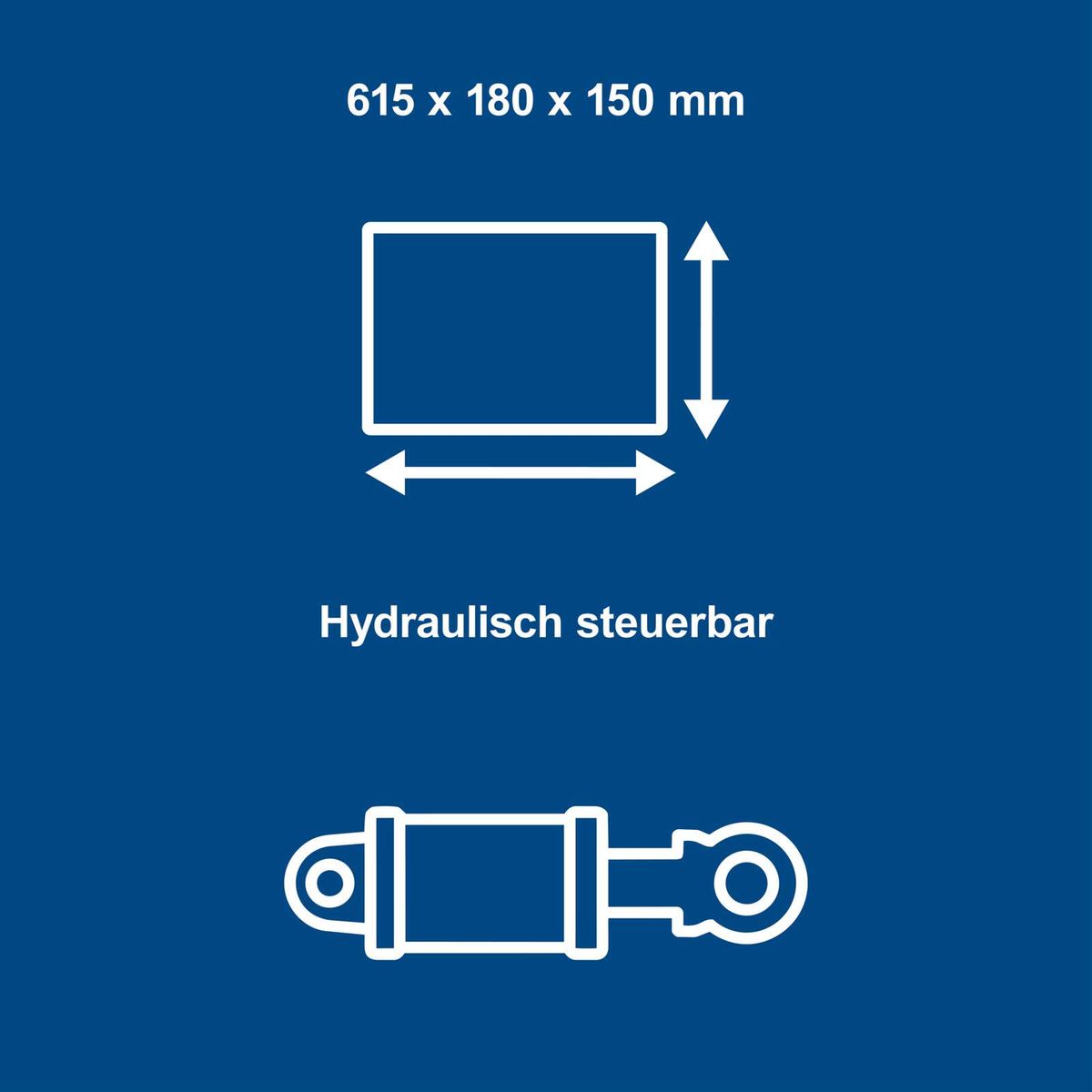 Hydraulisch steuerbare Anlenkung mit Maßen 615 x 180 x 150 mm