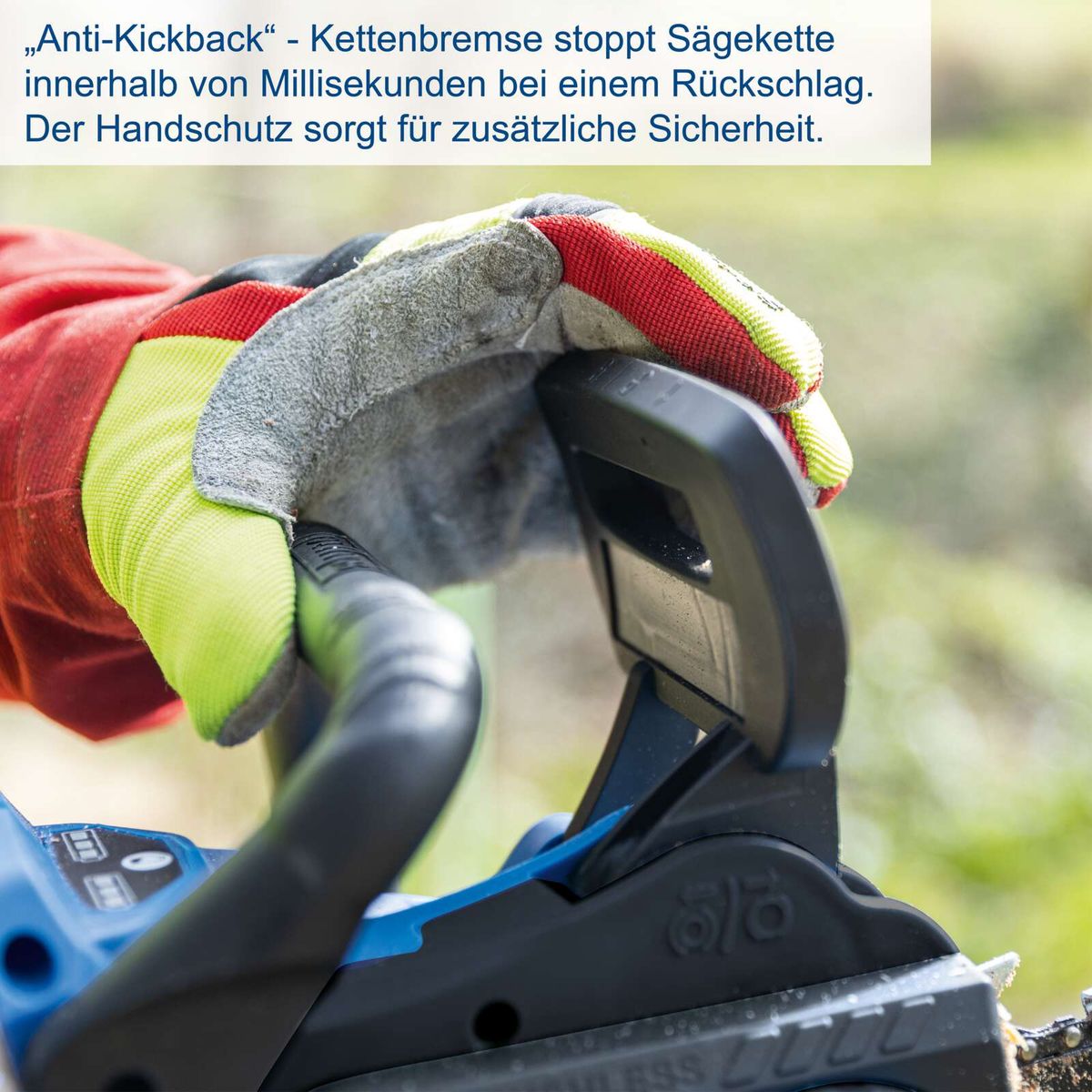 Anti-Rückschlagbremse für Sägekette mit schnellem Stopp innerhalb Millisekunden, Handschutz integriert