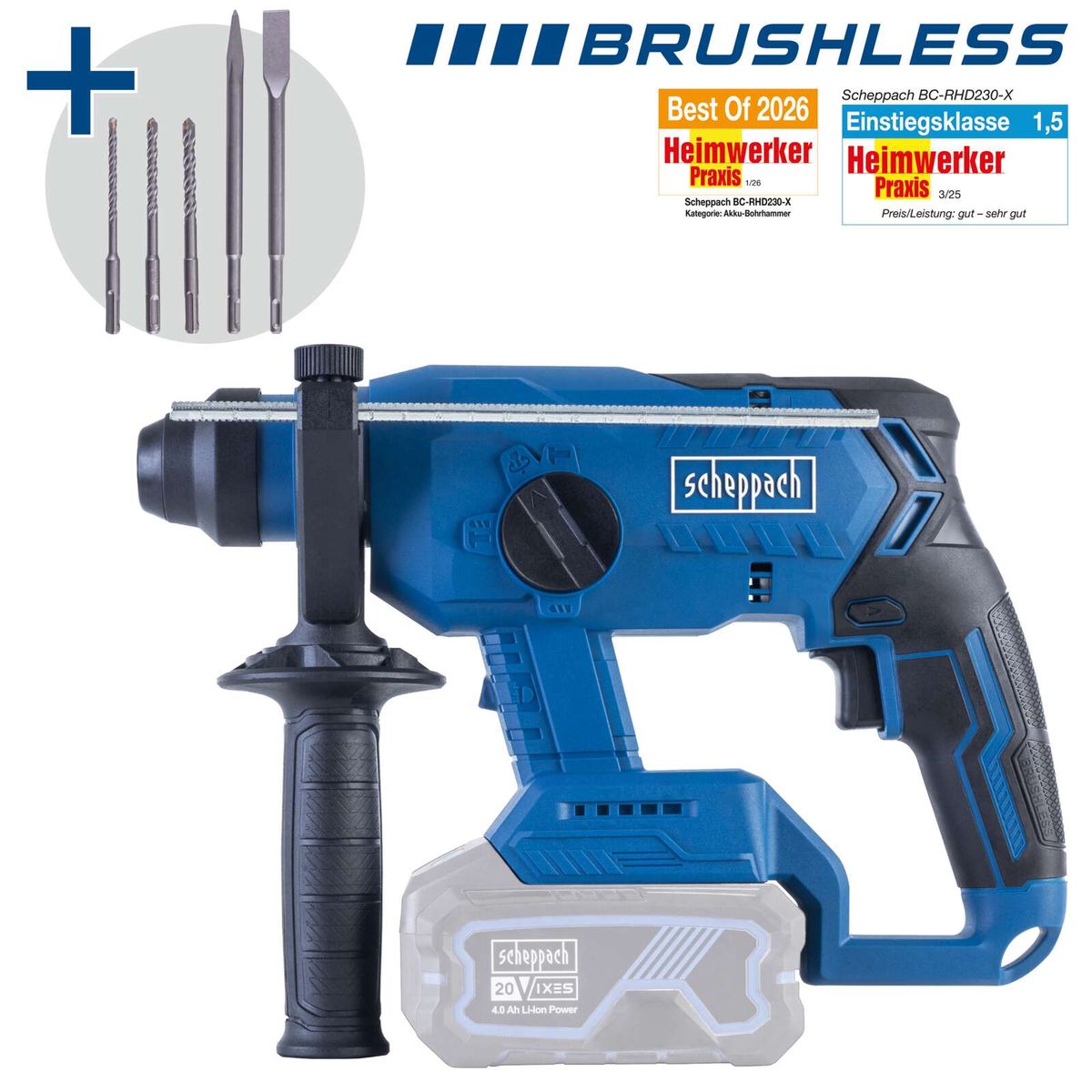 Scheppach Akku-Bohrhammer BC-RHD230-X mit Brushless-Technologie und 20 Akku-Vixen, inkl. Bohrer und Schlagzahlangabe