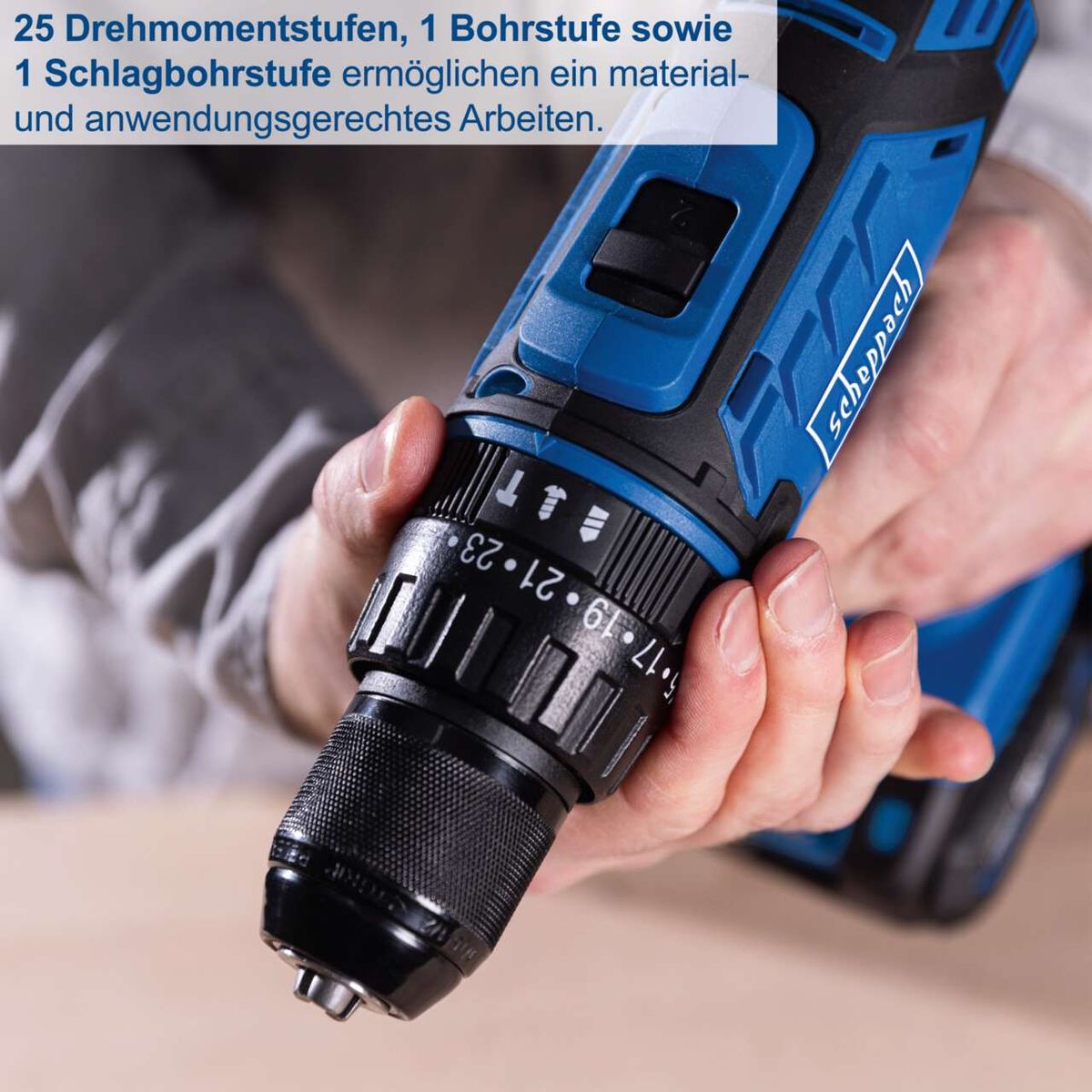 25 Stufen Drehmomentkontrolle, 1 Bohrstufe und 1 Schlagbohrstufe für präzises Arbeiten