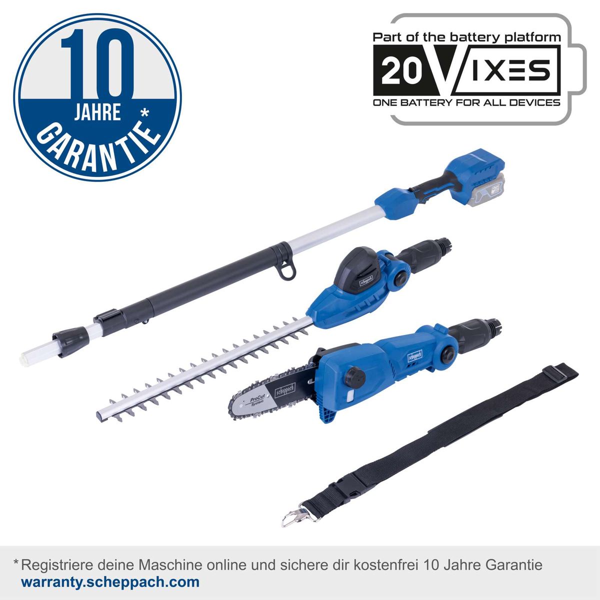 Scheppach Akku-Multifunktionsgeräte mit 10-Jahre-Garantie: Heckenschere, Hochsieb, Akku-Bohrwerkzeug und Keilschere mit 20V-Batterie-System
