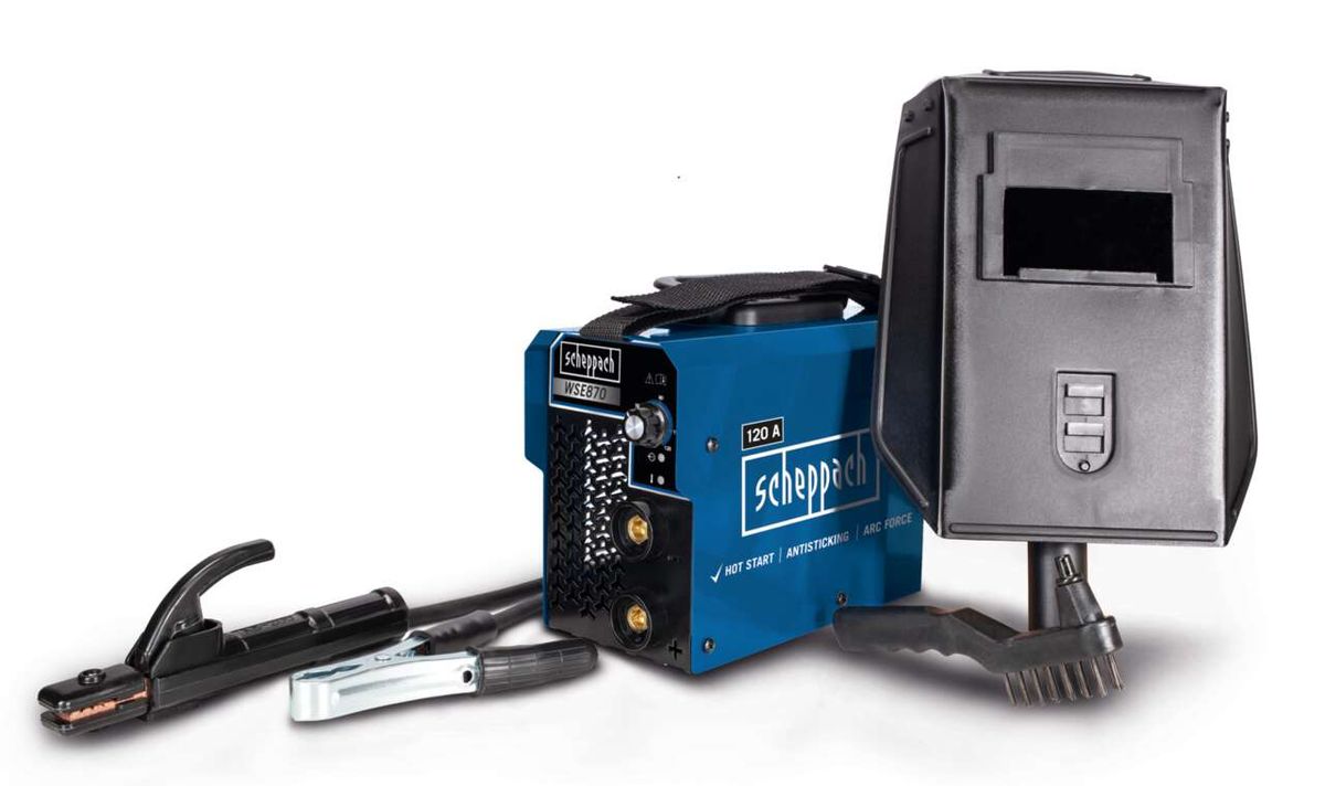 Scheppach Schweißgerät WSE870 mit Zubehör, gezeigt von vorne.