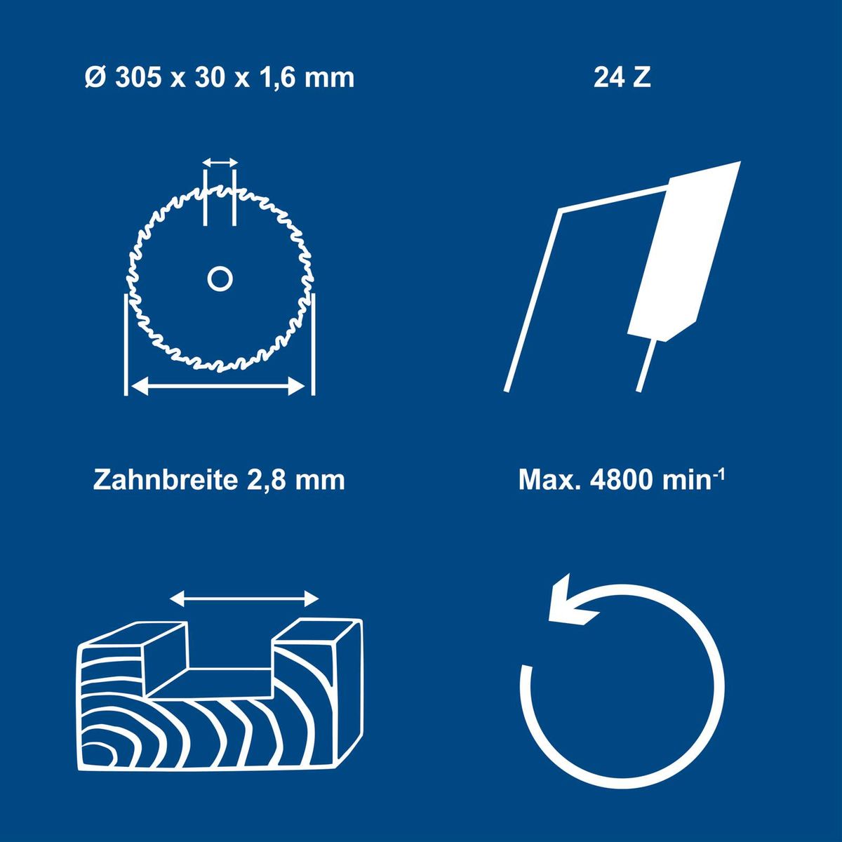 Technische Spezifikationen für Scheppach-Drehwerkzeug: 305 mm Durchmesser, 30 mm Länge, 1,6 mm Stärke, 24 Zähne, 2,8 mm Zahnbreite, max. 4800 U/min