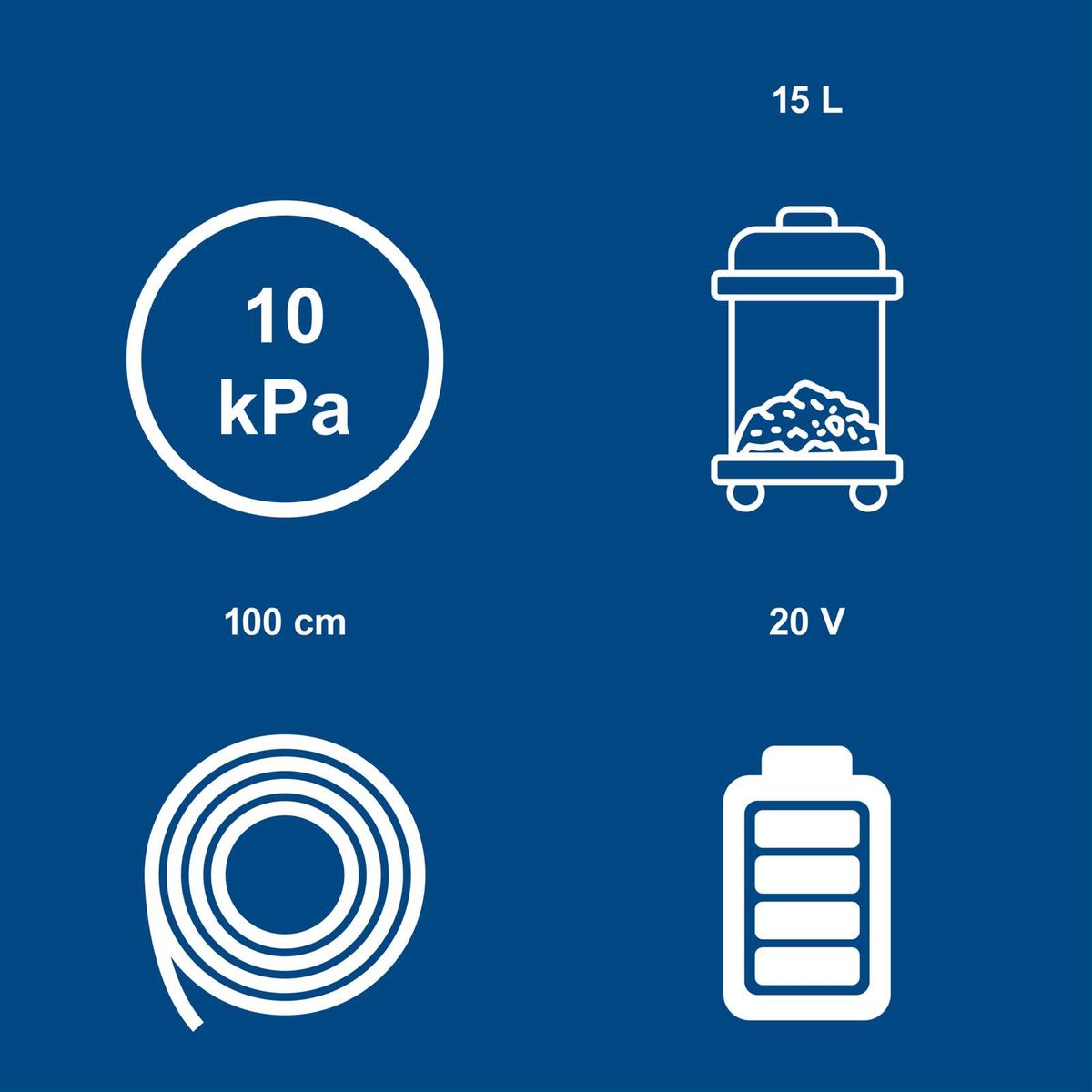 Technische Daten: 10 kPa Druck, 15 Liter Fassungsvermögen, 100 cm Länge, 20 V Spannung