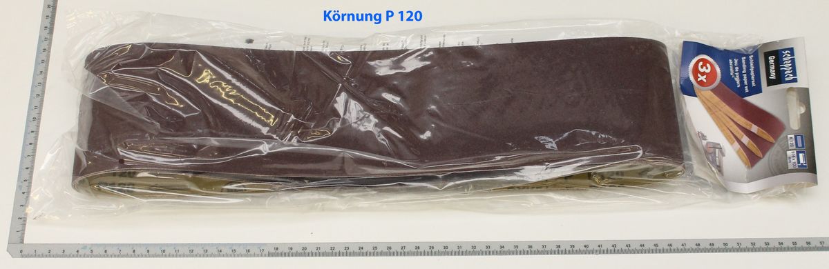 Scheppach Schleifband (Körnung P 120) in Verpackung mit Messskala