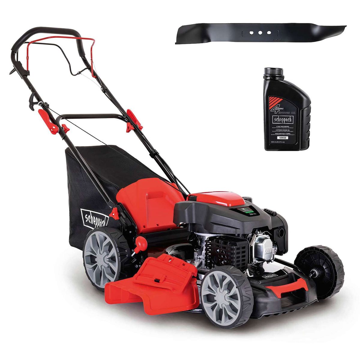 Scheppach Rasenmäher mit 4-Takt-Motor, inklusive 1L Öl (10W20), Mulchfunktion und 50L Fangkorb.