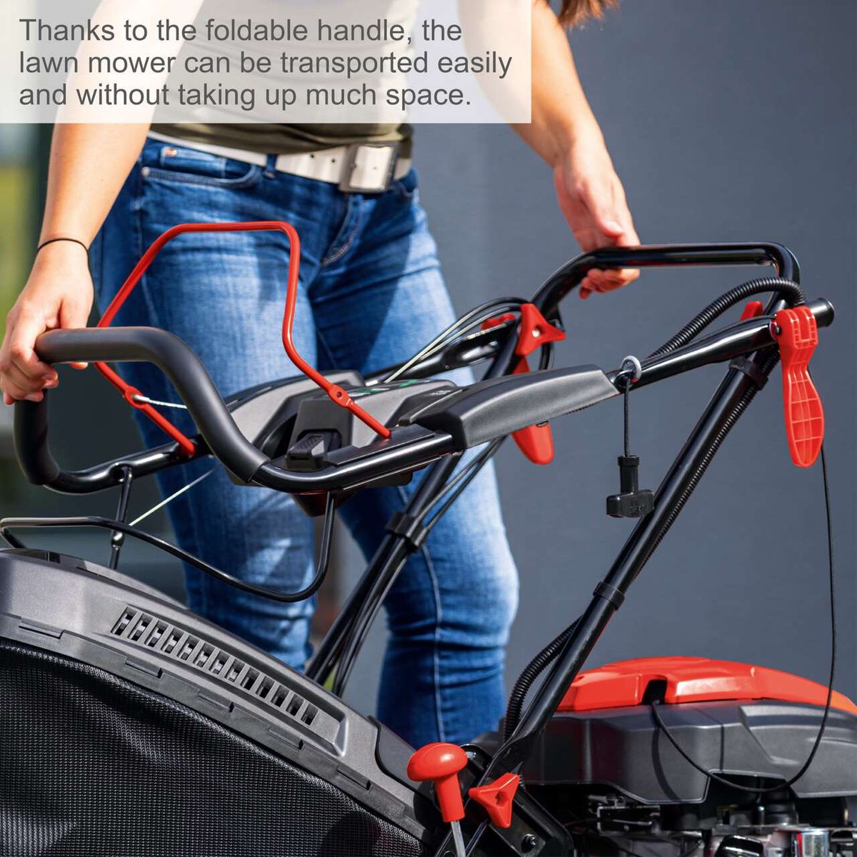 The lawnmower features a foldable handle, making it easy to transport and space-saving.