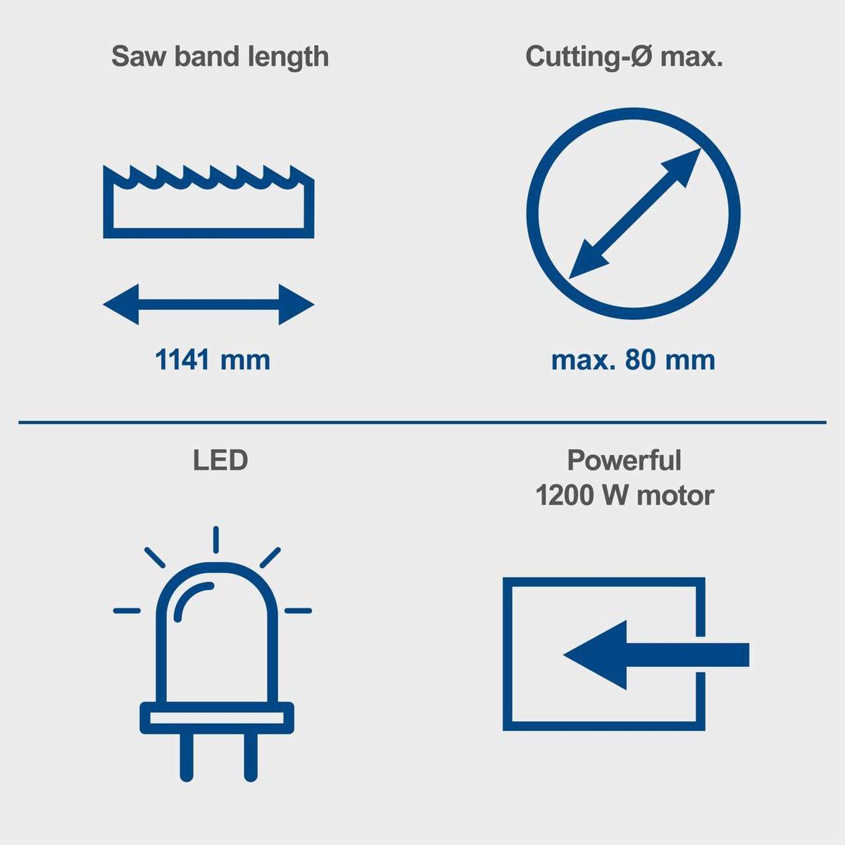 Metal band saw with LED lighting and 1200 W motor, max. 1141 mm band length and 80 mm cutting diameter