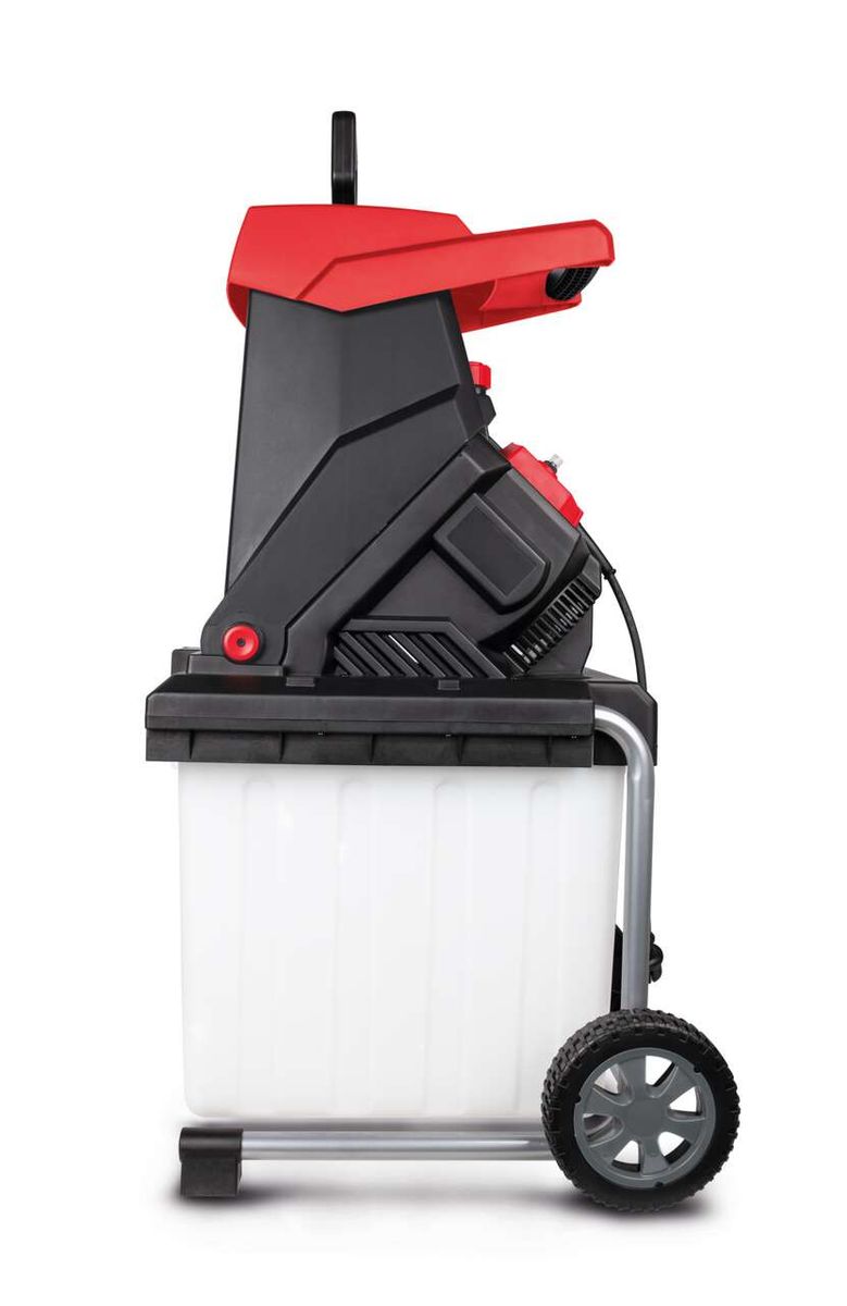 Häcksler GS59 von Scheppach, seitliche Ansicht mit Behälter und Rädern, Ansicht von der Seite.