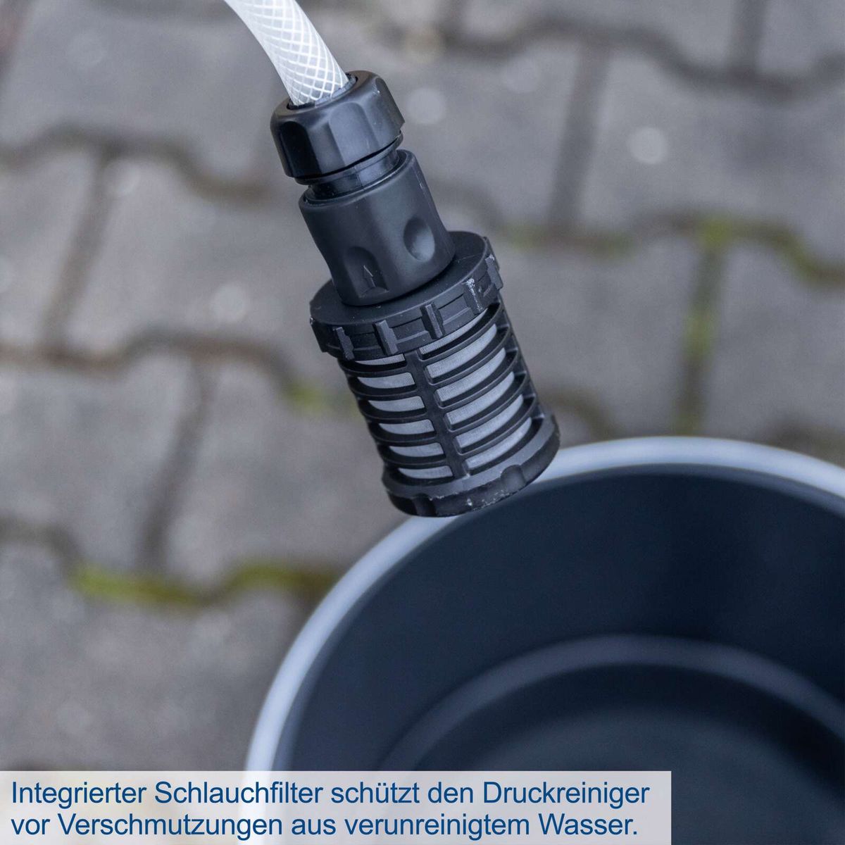 Integrierter Schlauchfilter für Druckreiniger schützt vor Verschmutzungen durch verunreinigtes Wasser