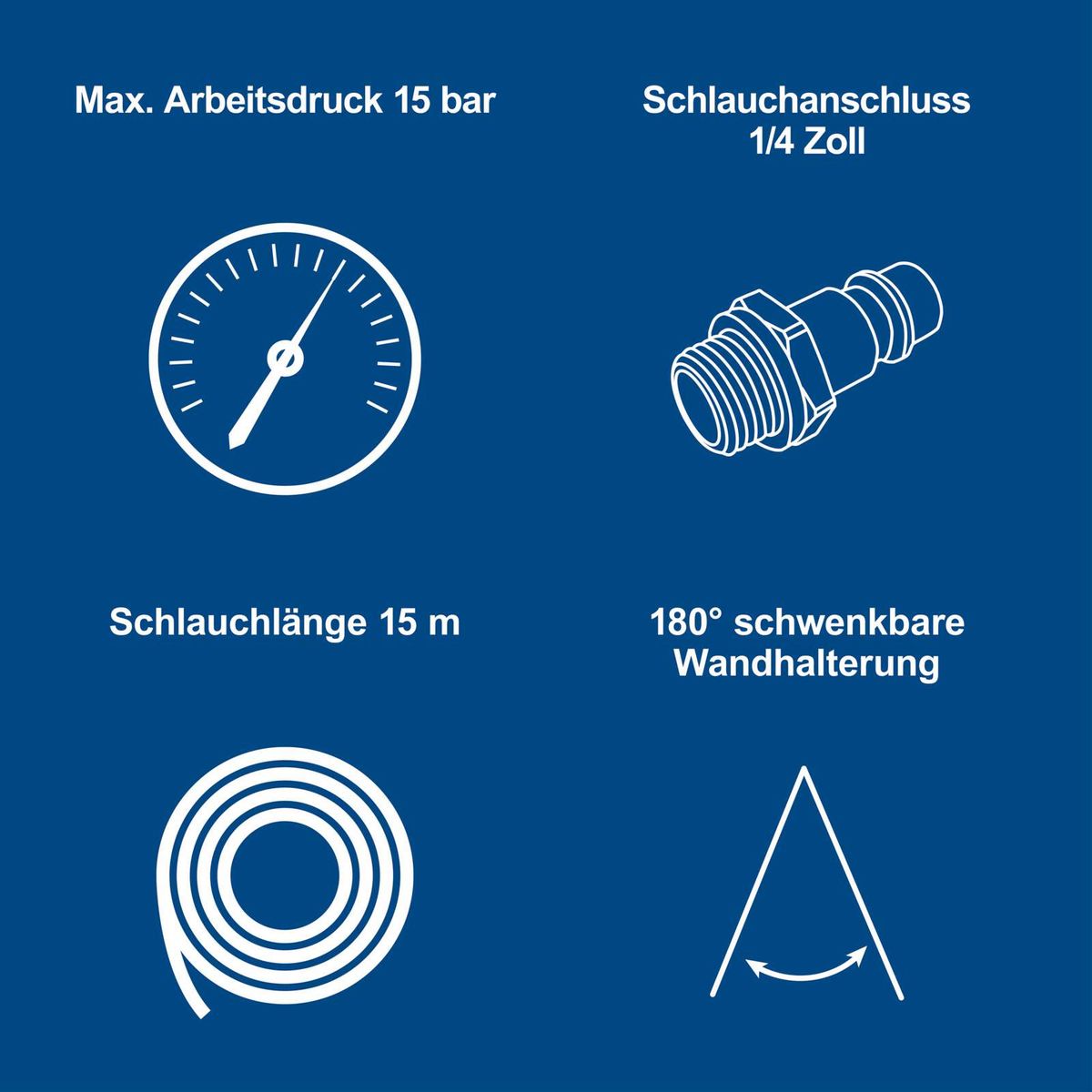 Technische Merkmale der Automatik-Druckluftschlauchtrommel: 15 m Länge, 1/4 Zoll Anschluss, 15 bar Arbeitsdruck, 180° schwenkbarer Wandhalterung