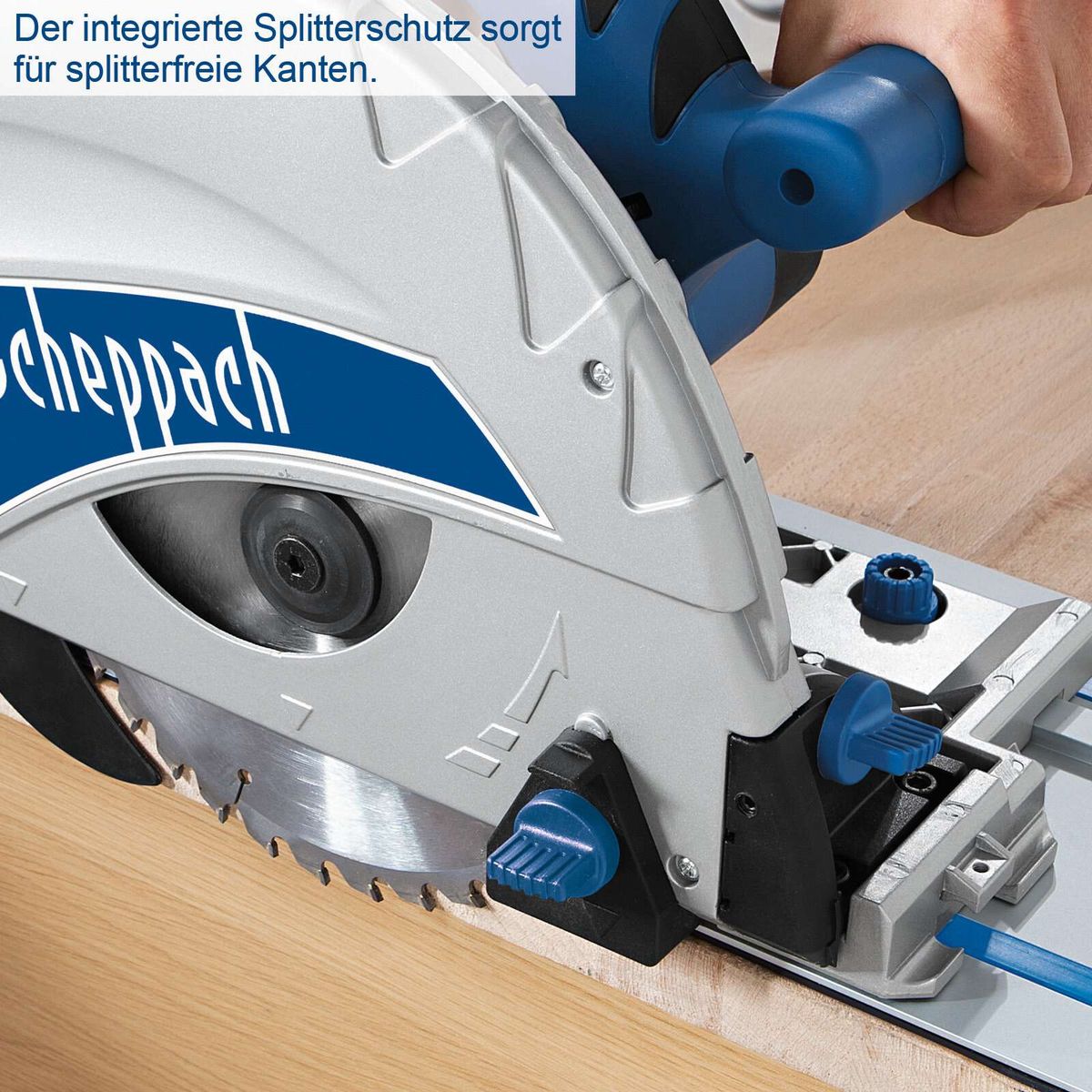 Die integrierte Splitterschutzvorrichtung der Tauchsäge PL75 Scheppach sorgt für splitterfreie Kanten. Die Säge verfügt über ein Sägeblätter pro Minute.