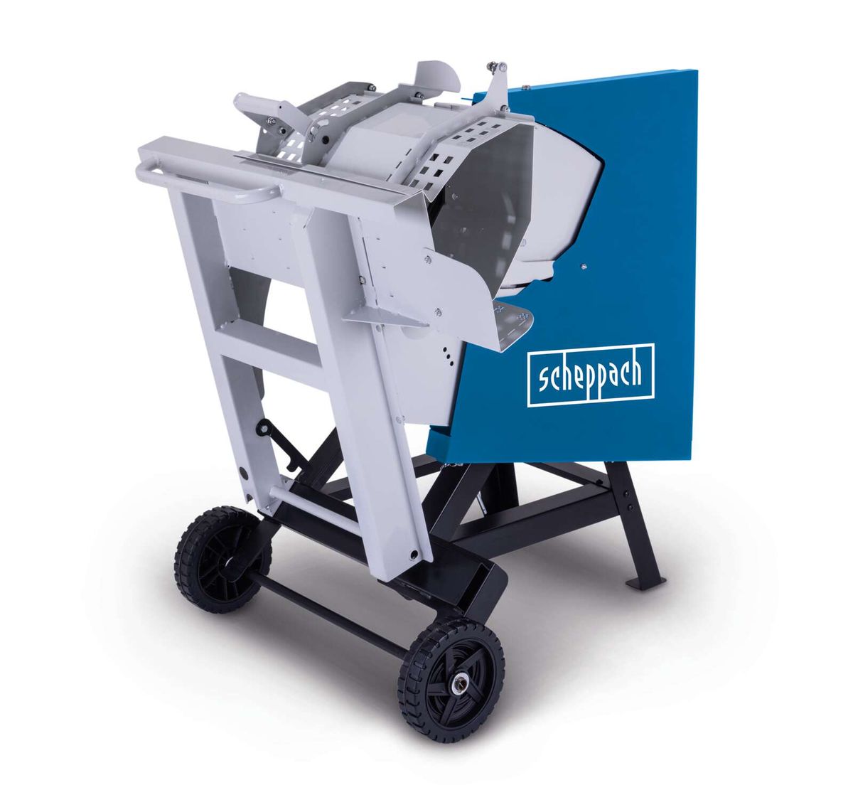 Wippkreissäge HS550 von Scheppach, seitliche Ansicht. Die Säge ist auf einem blauen Hintergrund mit dem Markennamen Scheppach abgebildet.