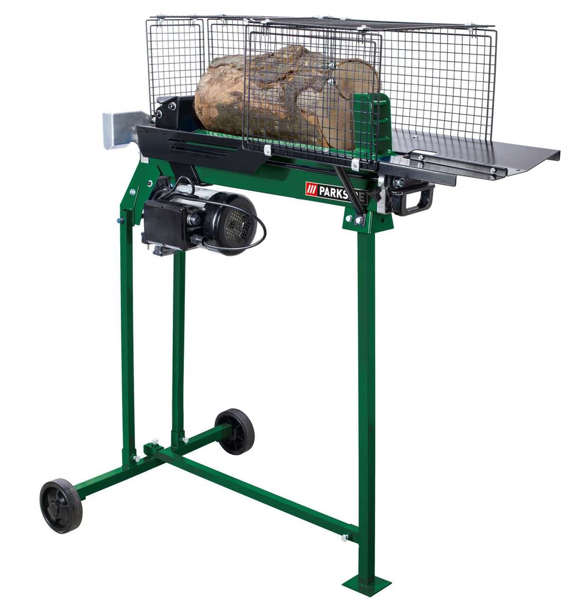 Holzspalter PLS 600 A1 Parkside LB5 mit Holzscheiten im Käfig. Die Maschine ist von der Seite zu sehen.