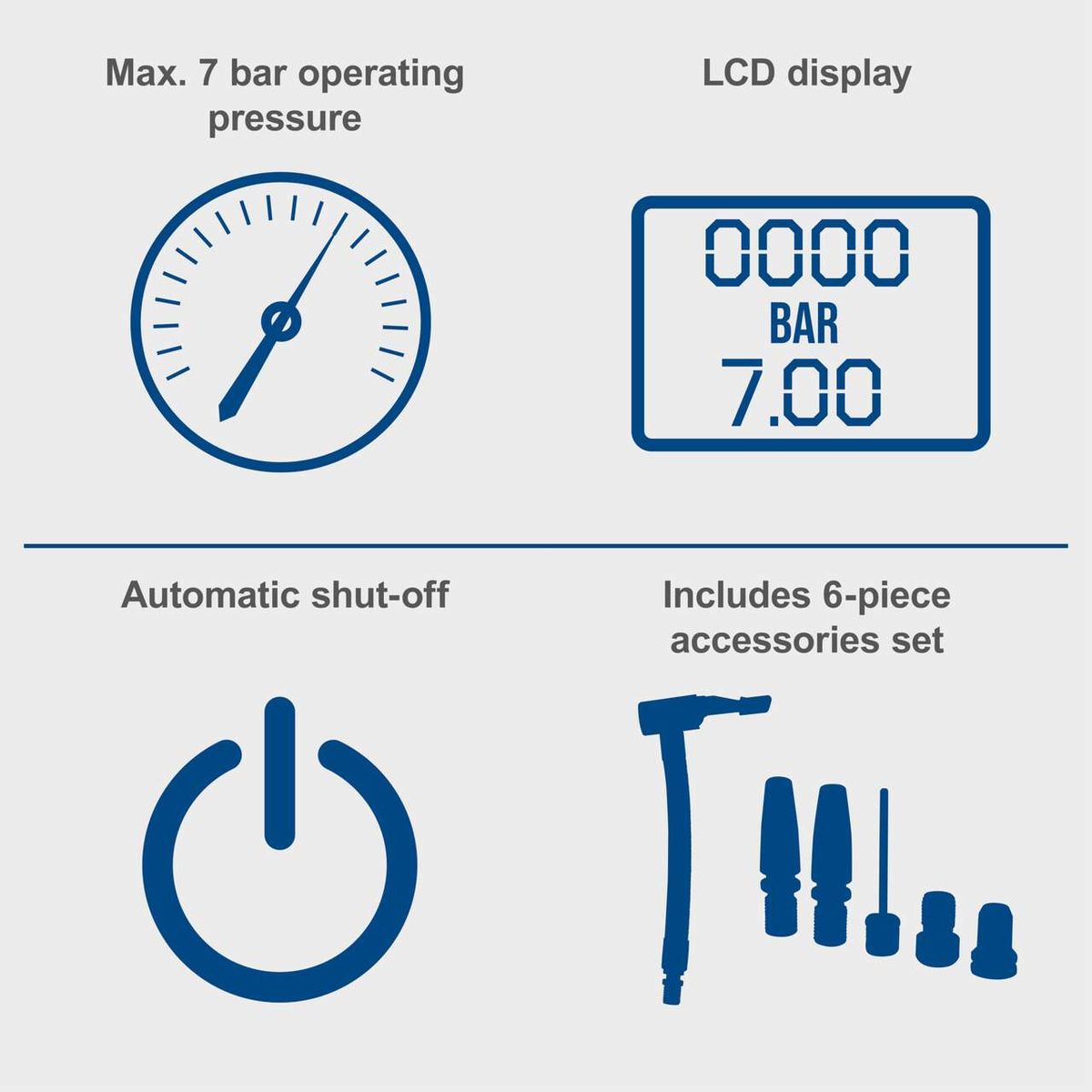 The cordless hand-held compressor C-AC20-X-Set-L by Scheppach has a maximum operating pressure of 7 bar, an LCD display, automatic shut-off, and includes a 6-piece accessory set.