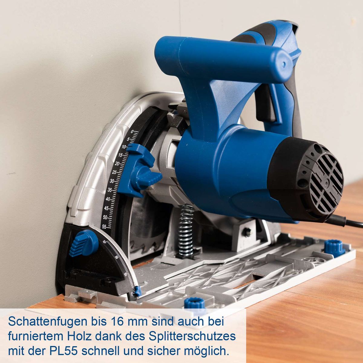 Scheppach Tauchsäge PL55 mit Splitterschutz für bis zu 16 mm Schattenfugen bei Furnierholz
