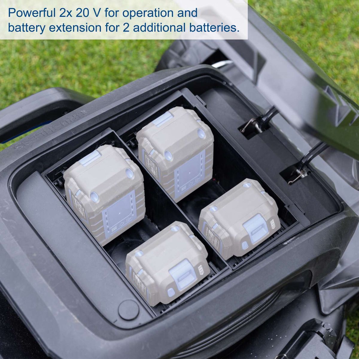 The battery-powered lawnmower BC-MP470-X by Scheppach features a powerful 2x 20 V battery for operation and a battery extension for 2 additional batteries.