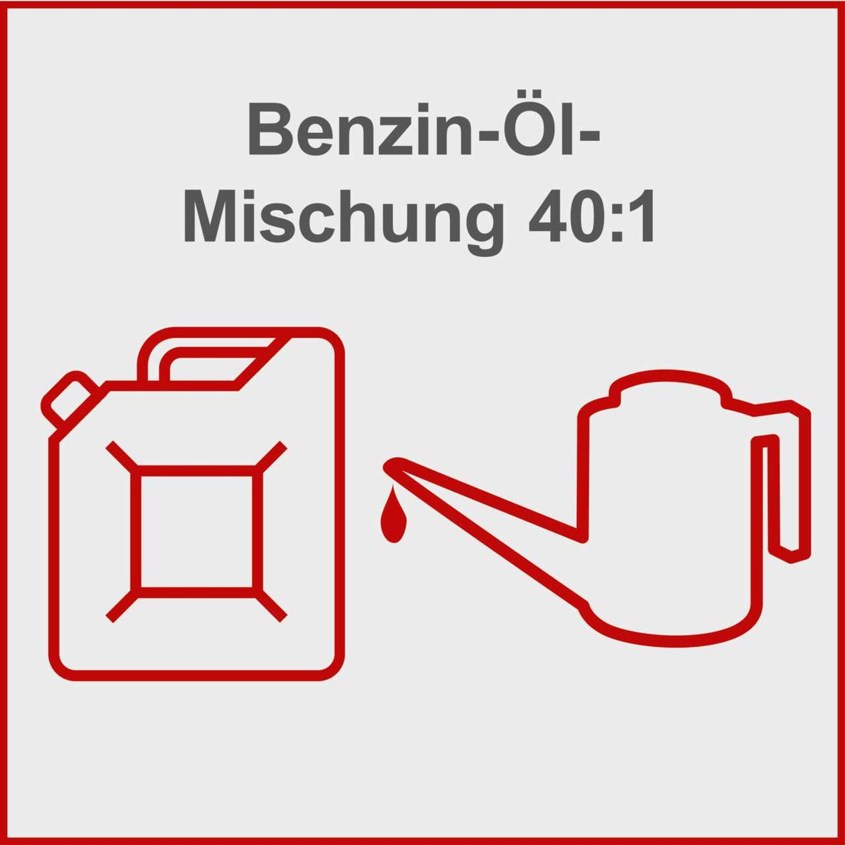 Benzin-Öl-Mischung 40:1. Ein Kanister und ein Ölkännchen sind abgebildet. Aus dem Ölkännchen tropft Öl in den Kanister.