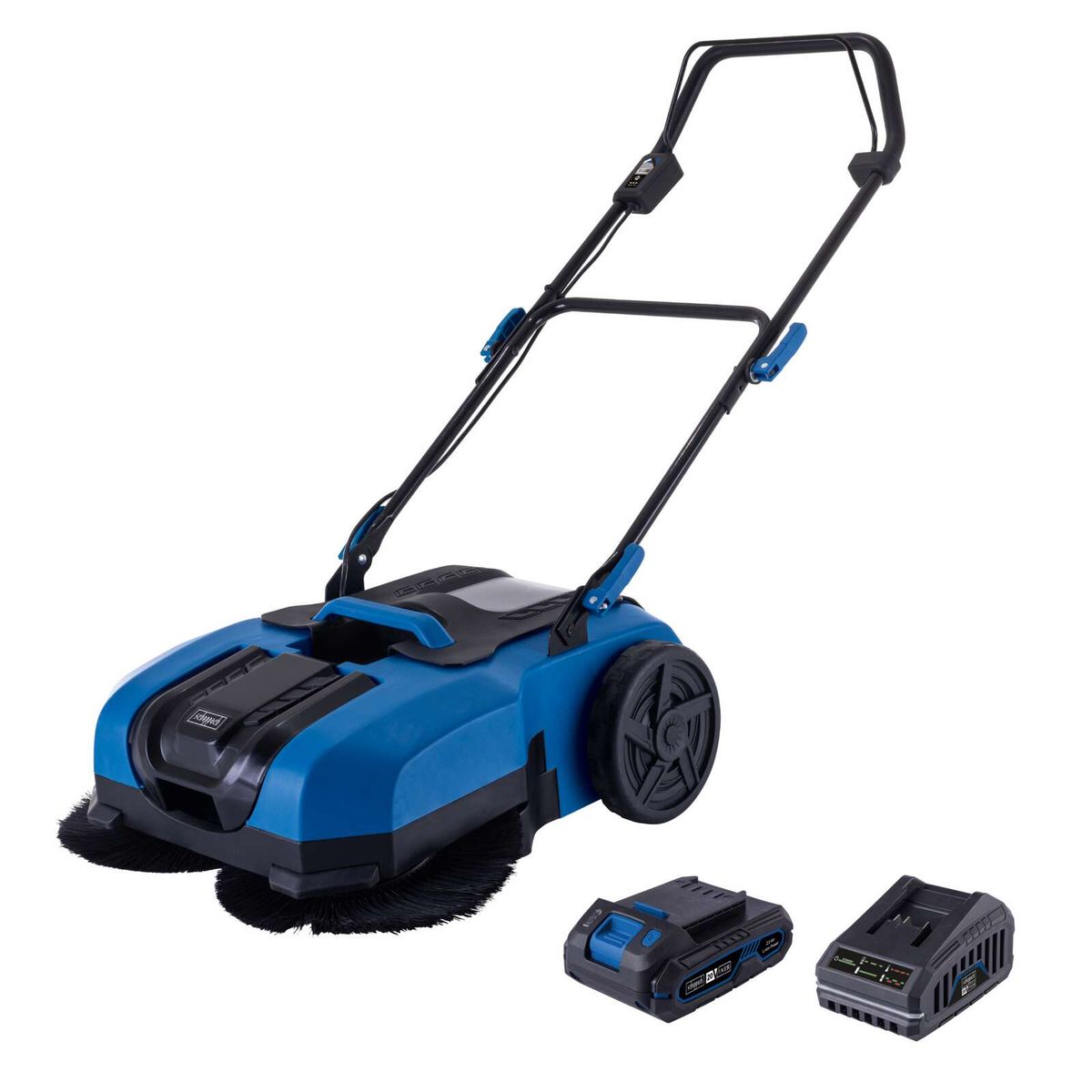 Akku-Kehrmaschine C-S610-X Scheppach mit 610mm Arbeitsbreite, 2000m² Fläche, 3stufiger Geschwindigkeit, 20L Schmutzbehälter, inkl. 2Ah Akku und 2,4A Ladegerät.