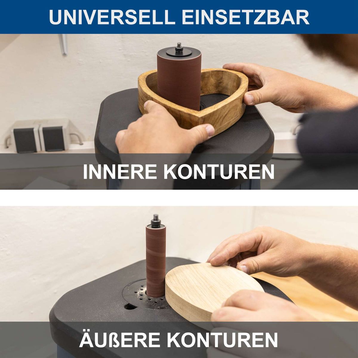 Illustration zur universellen Schleifmaschine mit Hinweisen auf innere und äußere Konturen bearbeitbar