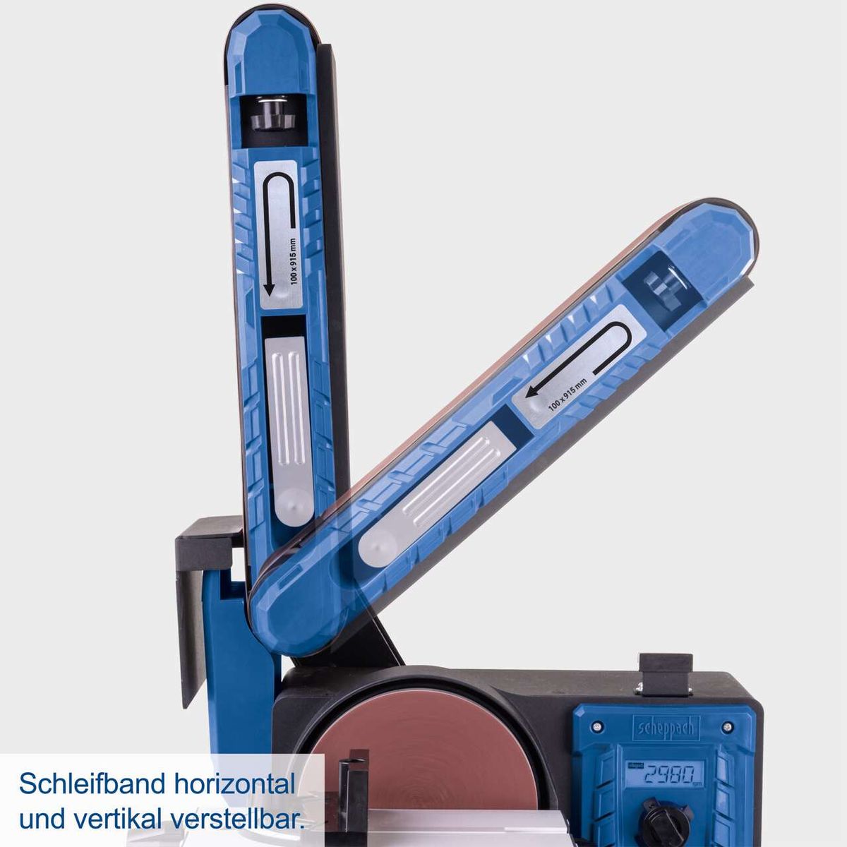 Der Band- & Tellerschleifer BTS800Vario Scheppach bietet ein horizontal und vertikal verstellbares Schleifband mit den Maßen 915x100mm sowie einen Schleifteller mit 150mm Durchmesser.