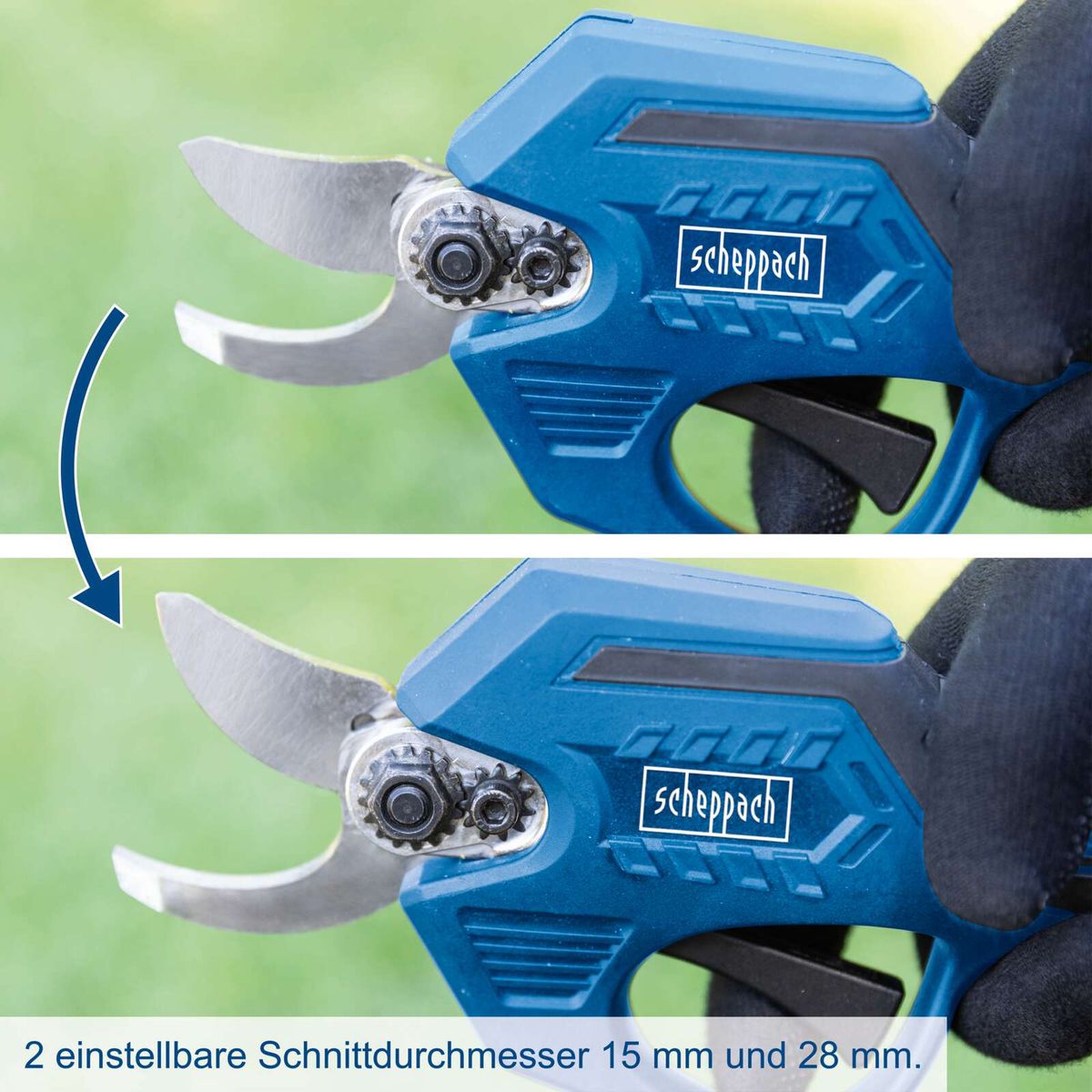 Akku-Astschere mit einstellbaren Schnittdurchmessern 15 mm und 28 mm für präzise Schnitte.
