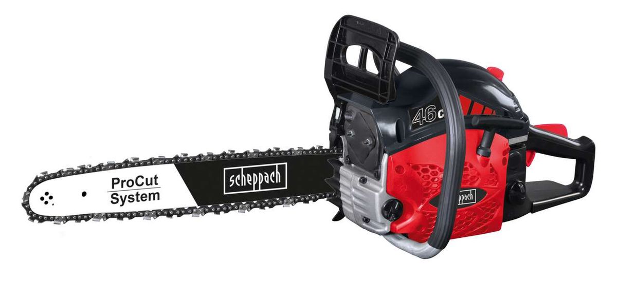 Benzin Kettensäge CSH46 von Scheppach, ProCut System, 46cc, seitliche Ansicht.