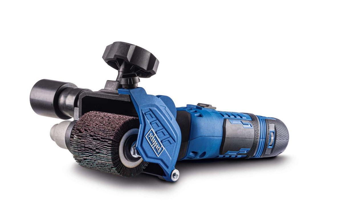 Satiniermaschine MRS500 Scheppach, Bürstenschleifer mit Schleifbürste, seitliche Ansicht.