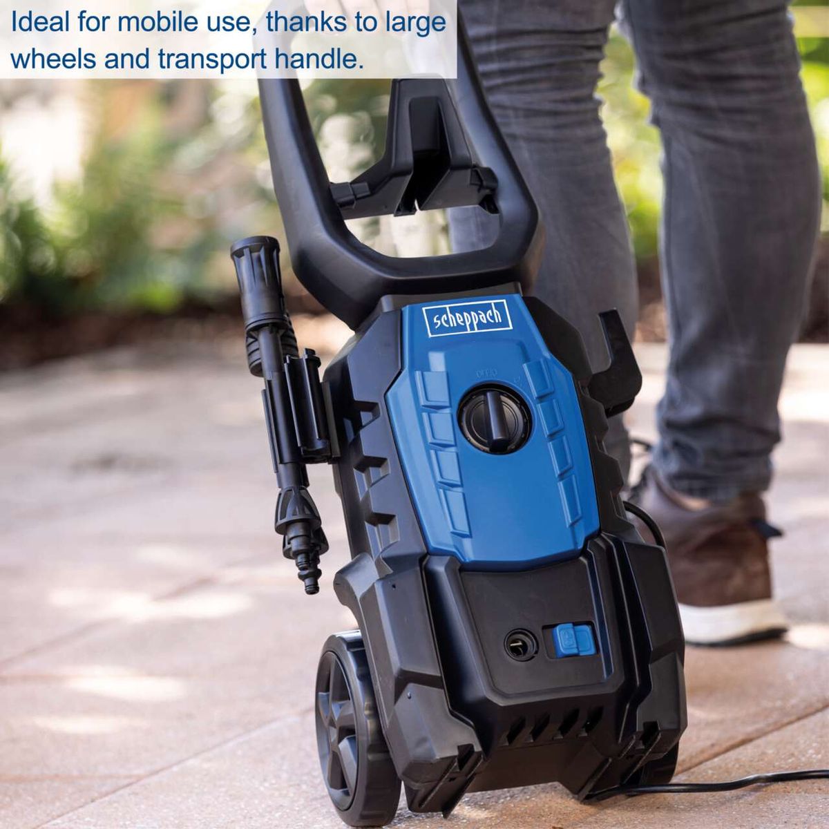 The Scheppach Pressure Washer HPC1600 is ideal for mobile use thanks to large wheels and transport handle.
