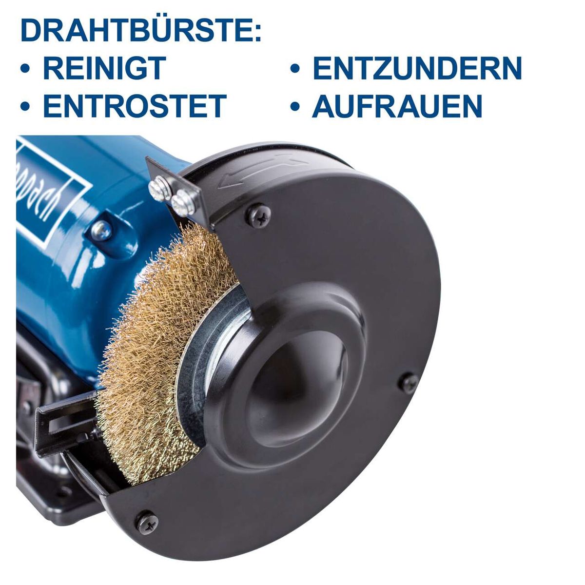 Der Doppelschleifer SM150LB von Scheppach verfügt über eine Drahtbürste, die zum Reinigen, Entrosten, Entzundern und Aufrauen geeignet ist.