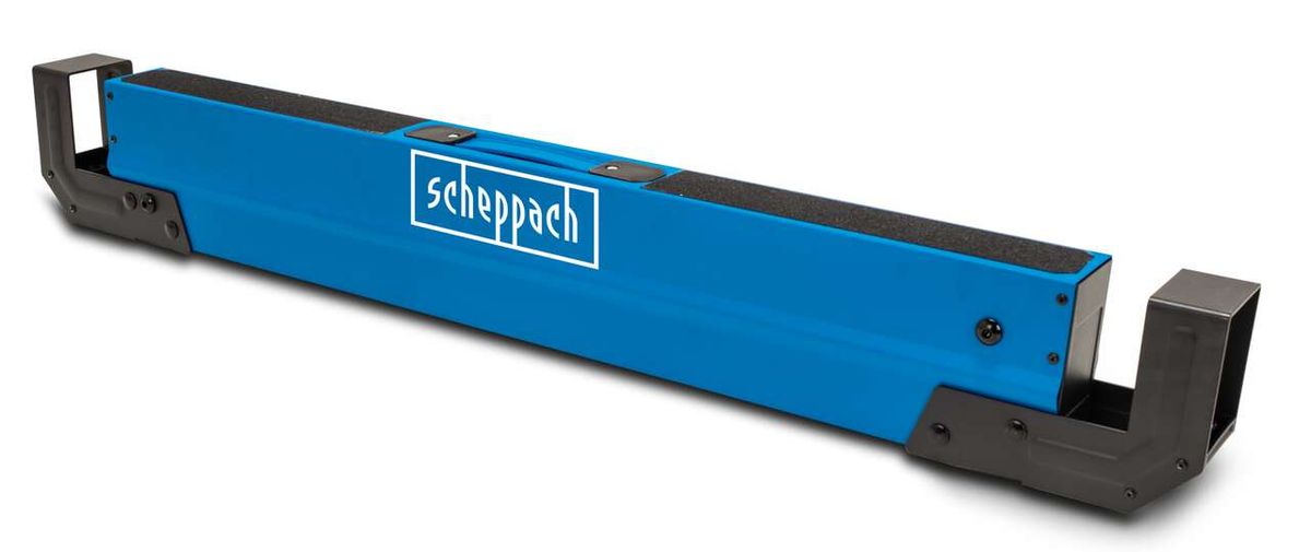 Saw horse trestle MWB600 by Scheppach, side view. Product name: 2pc Saw Horse Trestle Set MWB600 | 589kg Load | 61.8-82cm Height.