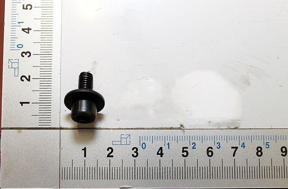 Eine Sägeblattschraube mit Scheibe neben einem Lineal zur Größenmessung. Die Schraube ist von vorne zu sehen.