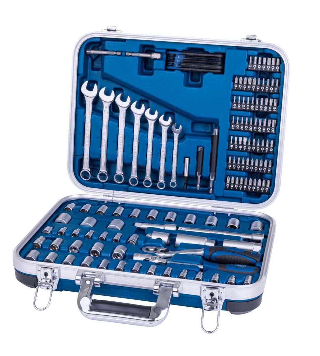 Werkzeugkoffer TB170 von Scheppach mit 135 Teilen. Enthält verschiedene Stecknüsse, Ratschen, Nussaufsätze und Bits. Ideal für Heimwerker.