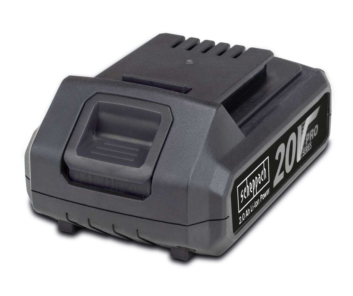 Scheppach Akku BA2.0-20ProS, 2.0 Ah Li-Ion, Ansicht von schräg oben.
