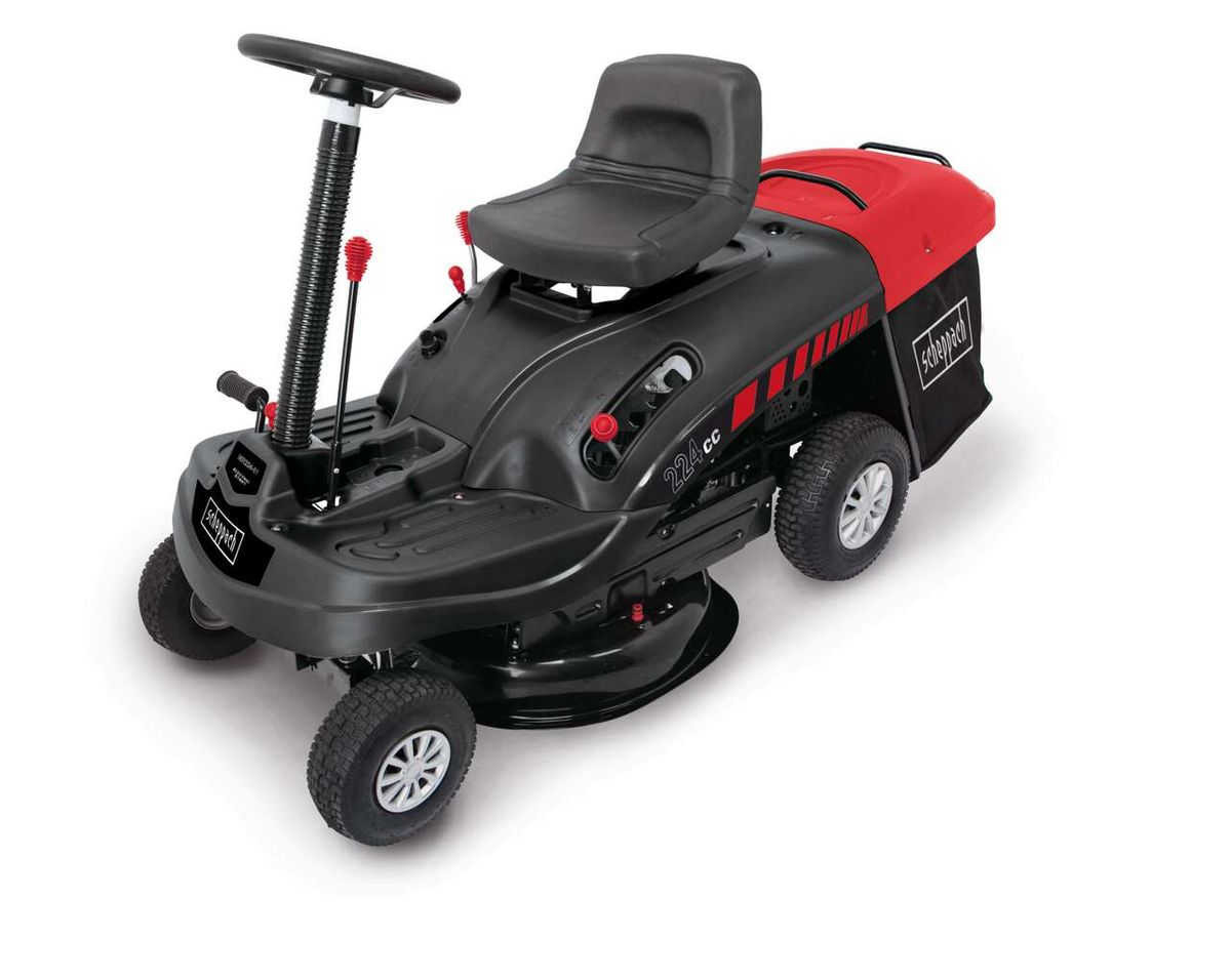 Aufsitzrasenmäher MR224-61 Scheppach, seitliche Ansicht, schwarzes Gehäuse mit rotem Sitz, 224cc Motor.