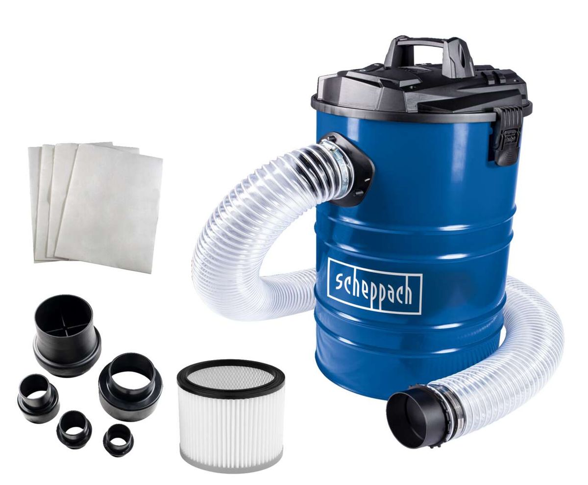 Absauganlage DC100 Scheppach mit Zubehör: Filter, Schlauch und Adapter. Frontansicht.