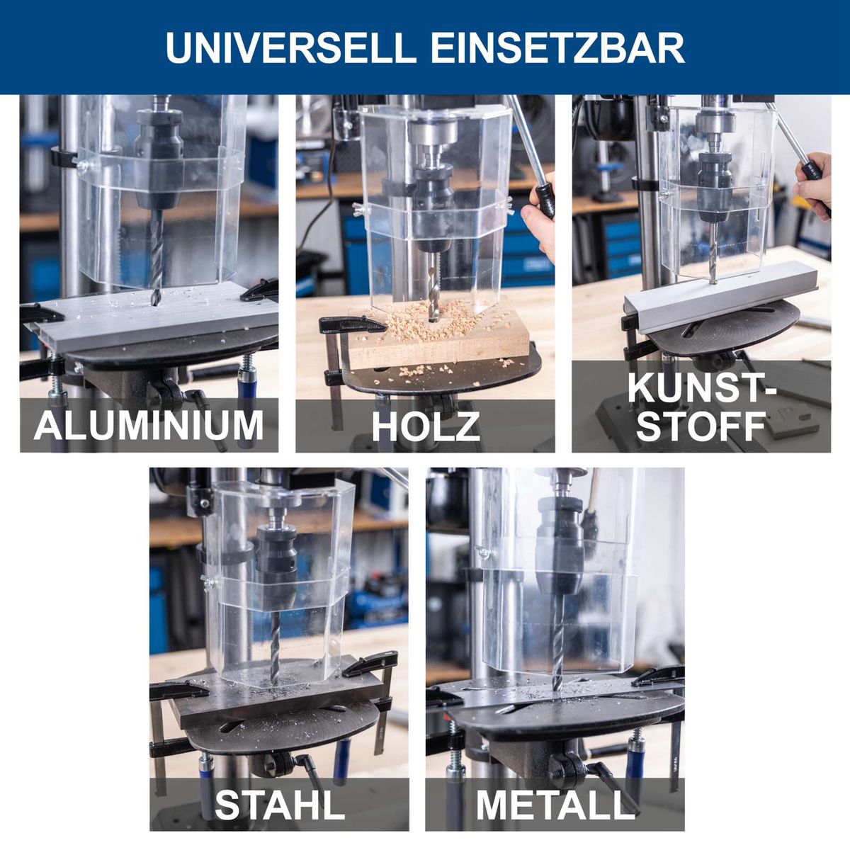 Universal-Tischbohrmaschine für Aluminium, Holz, Kunststoff und Metall mit Bohrspannfutter