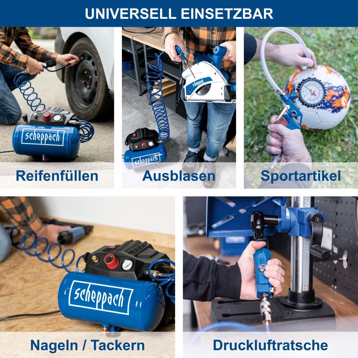 Universal einsetzbare Werkzeuge für Reifenauffüllen, Ausblasen, Sportartikel, Nageln/Tackern und Drucklufträtsche mit Scheppach-Kompressor.