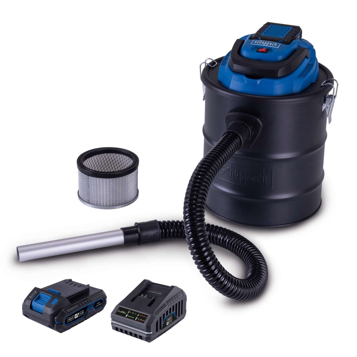 Akku-Aschesauger-Set mit Behälter, Schlauch, Filter und Akku-Ladegerät für Scheppach C-AVC15-X